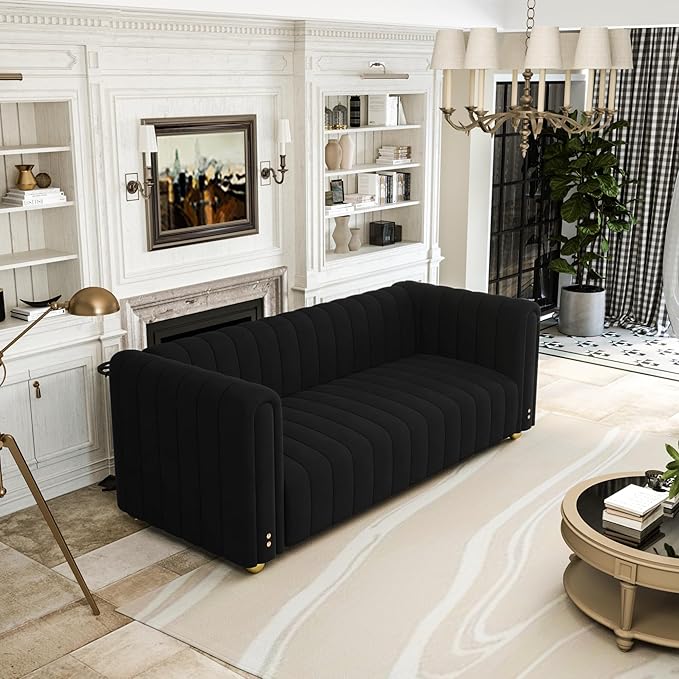 81.3 Modern Black Velvet Couch for Living Room Upholstered Comfy 3 Seater Office Sofa with High Armrest and Gold Metal Legs (Black 81)