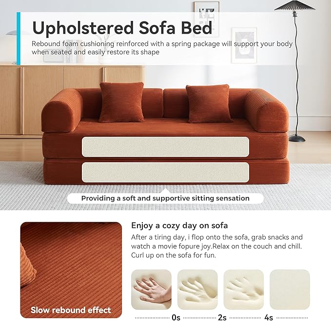 Convertible Sleeper Sofa with 2 Pillow Modern Corduroy Futon Bed Modular Sofa with Pull-Out Bed Love Seat Sleeper for Living Room Small Space Apartment Office