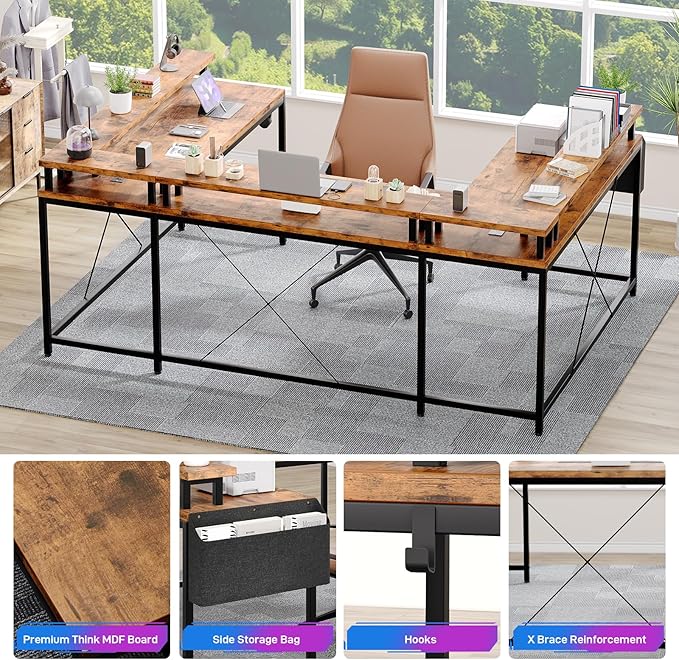 U Shaped Home Office Desk Reversible L Shaped Gaming Computer Desk With Power Outlets126 Inch Computer Desk With Monitor Stand and LED LightsStorage ShelvesStorage Bag and Hooks（Rustic Brown）