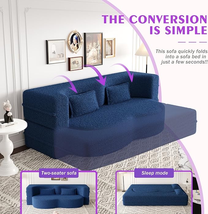 78 Teddy Folding Floor Sofa Couch BedConvertible Folding Sofa Bed Full Size Love Seat Sleeper Bed with 2 Pillows for Living Room Apartment Office (Blue)