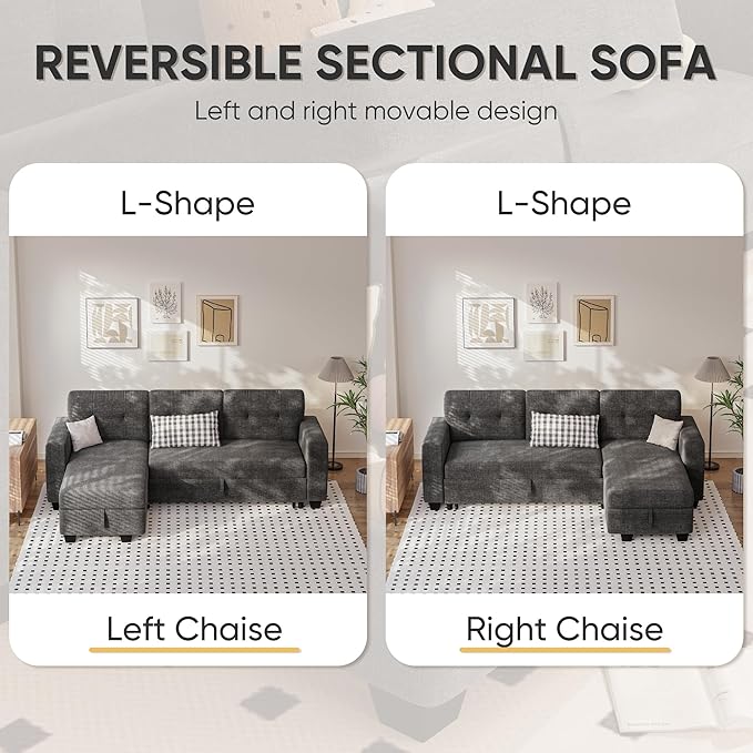 Homall Sleeper Sofa Bed Couch with Pullout Bed and Reversible Storage Chaise L Shaped Sofas for Apartment Small Space (Linen Fabric Dark Grey)