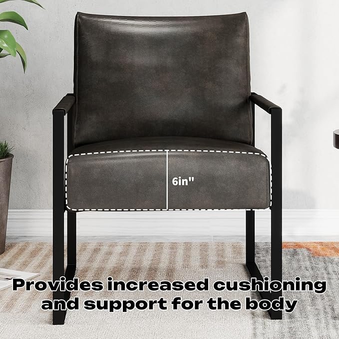 Leather Accent Chair Set of 1 Metal Framed Armchair with Extra Soft Backrest and Cushion Mid Century Modern Chair with Sturdy Structure Modern Arm Chair for Living Room/Office/Bedroom Dark Grey