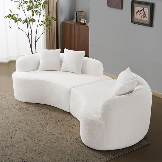 106.7 Curved Loveseat Sofa for Small Spaces - Plush Teddy Fleece Fabric Modern Love Seat with Pocket Springs &amp Memory Foam Boneless Floor Couch Set Living Room Studio 38.6 Extra Deep Seat (Whi