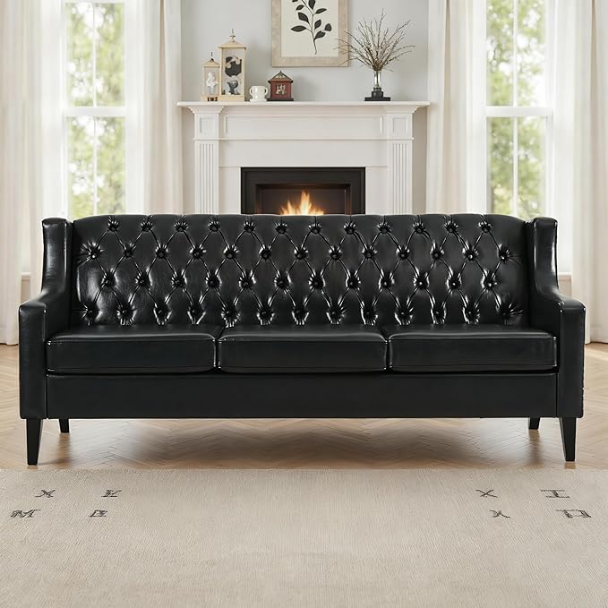 GDFStudio 78.75 3-Seater Sofa Button Tufted Backrest Big Comfy Couch with Plush Cushions Mid Century Modern Couches Home Living Room Sofa Upholstered Sofas &amp Couches for Apartment Bedroom Bla