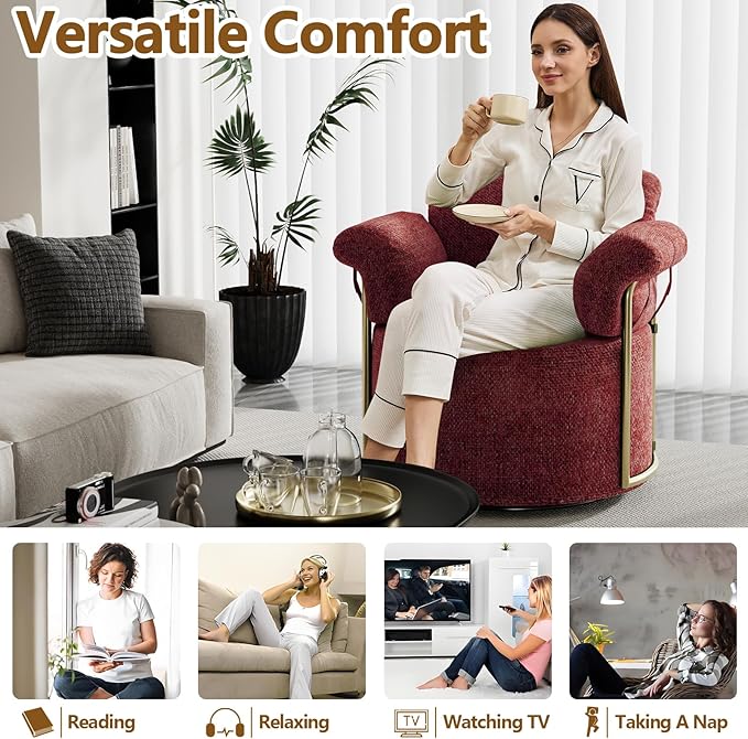 Swivel Accent Chairs for Living Room 360 Swivel Barrel Chair with Arm for Bedroom Upholstered Round Chair &amp Corner Chairs with Gold Frame for Small Spaces Chenille (Red)