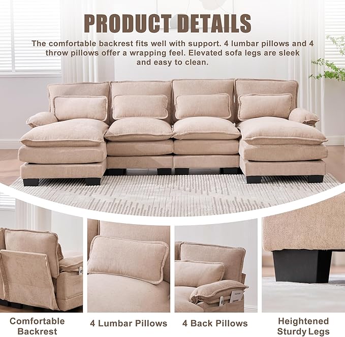 KEIKI 108 U-Shaped Chenille Modular Sectional Chenille Sofa with 2 Movable Ottoman &amp Pillows &amp 2 Side Pocket Oversized 4-Seater Couch with Memory Foam Cushion Easy Assembly for Living Room