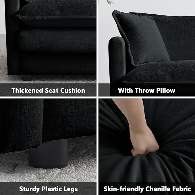 mikibama Luxury 3 Piece Sofa Set 2 Pieces of Single Sofa and 1 Piece of 3 Seater Sofa Modern Chenille Comfy Cloud Couches Set with 7 Pillows for Living Room Office Black