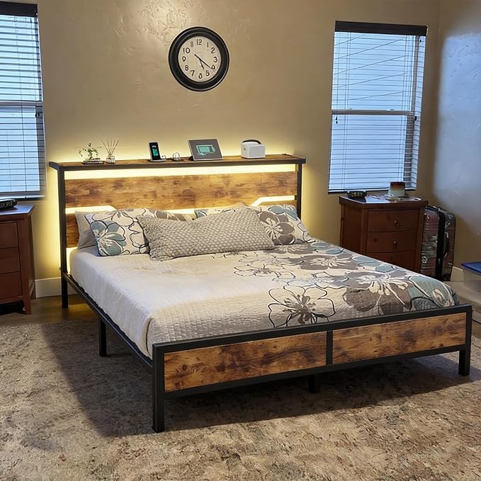 King Size Bed Frame with LED Lights &amp Charging Station King Bed Frame and Headboard13 Under Bed Storage Noise-Free Heavy Duty Metal Support Modern Brown