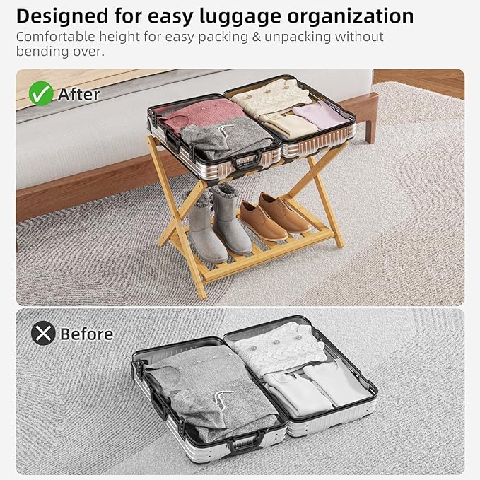 2 Pack Bamboo Luggage Rack for Guest Room 26.77 Folding Wide Suitcase Stand with Storage Shelf Thickened Luggage Stand Holder for Bedroom Hotel Luggage Rack for Suitcases (Natural)