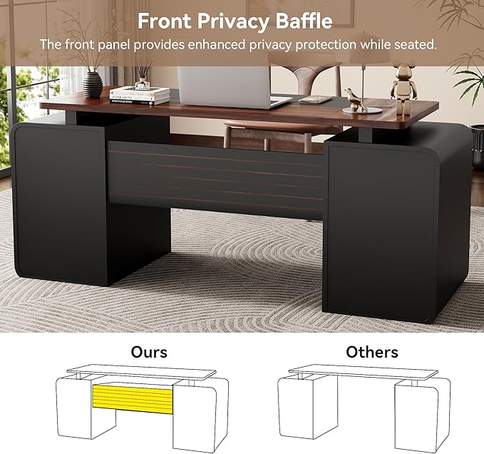 63-Inch Home Office Desk with 3 Drawers and Storage Cabinet Modern Farmhouse Executive Desks with 2 Tone Desktop and Privacy Panel for Living Room Bedroom Small Space Black &amp Walnut