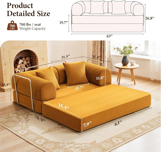 Convertible Floor Sofa Bed Corduroy Modular Floor Couch with Pillow Comfy Modern Sofa Convertible Folding Couches for Living Room Bedroom