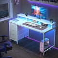 DUMOS 47 Inch Computer Desk with 4 Drawers4 Drawer Gaming Desk with with Power Outlets and LED LightsOffice Desk for Small Spaces with Monitor ShelfWriting Desk for Home OfficeBedroom StudyWhite