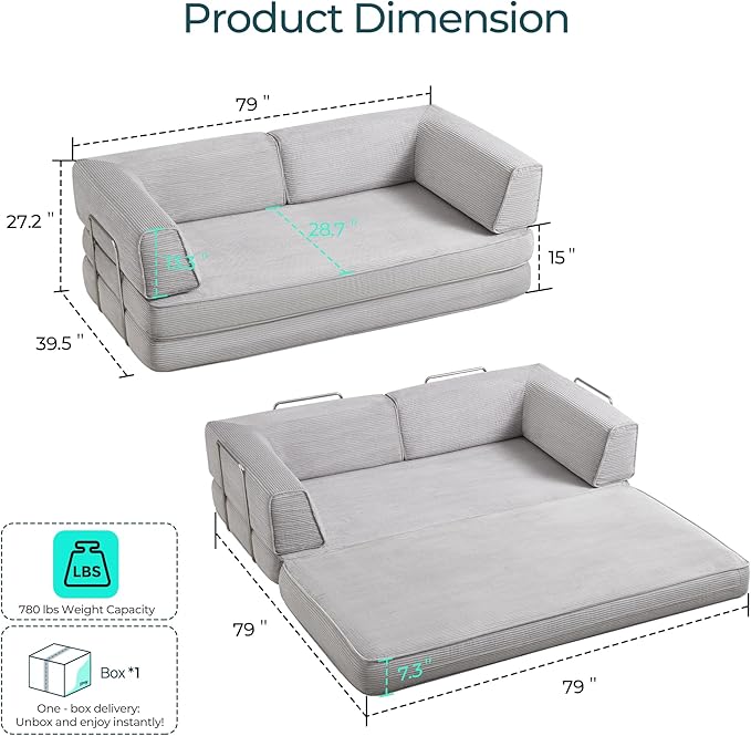 LINSY HOME 79'' Convertible Sofa Bed - Sleeper Sofa Compression Folding Loveseat Sleeper - Foldable Corduroy Couch Bed for Living Room Bedroom - Modular Sectional Compressed Sofa in Box Grey
