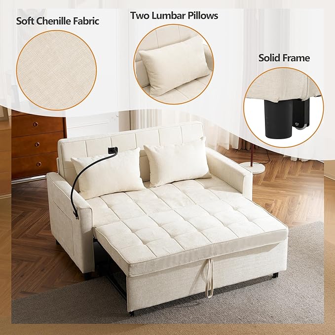 56.9 Loveseat Pull-Out Sofa Bed Chenille Sleeper Sofa Couch with a Reversible Backrest Cushion Side Pockets Two USB Ports and a Phone Holder for Living Room (Beige1)