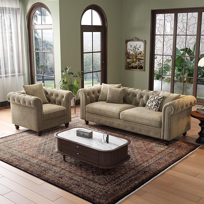 ONBRILL 82 Inch Chesterfield Sofa 23 Inch Deep Seat Velvet Couch for Living Room Button Tufted Couch with Rolled Arms 2 Throw Pillows Comfy Vintage Loveseat Sofa for Apartment Taupe