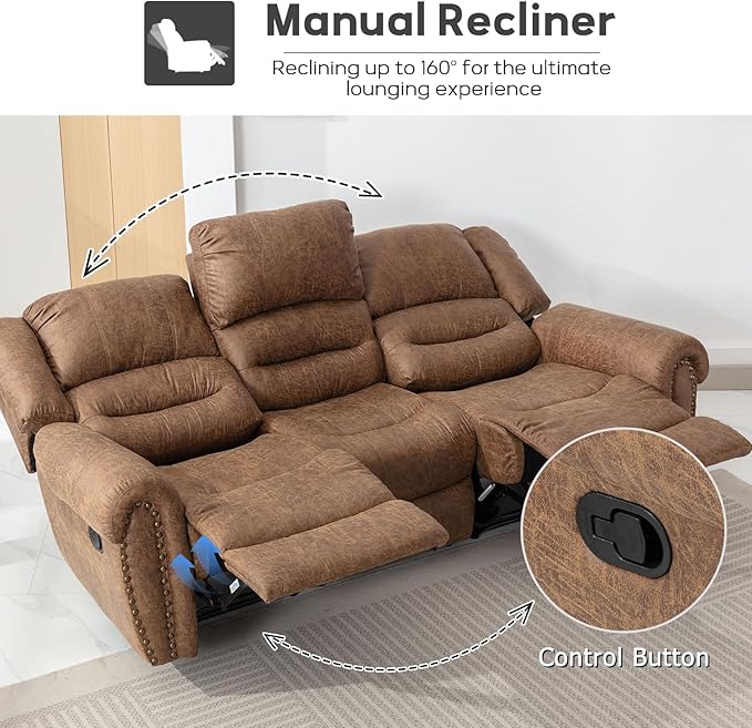 EBELLO Faux Leather Manual Reclining Sofa Recliner 3 Seat Loveseat Sofa Chair Couch for Living Room Bedroom Furniture Meeting Room Brown (3 Seat Sofa)