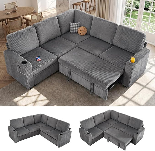 83 Sleeper Couch with Pull Out Sofa Bed 5-Seater Sectional Couches for Living Room L-Shaped Couch with Storage USB Port &amp Cup Holder Corduroy Convertible Corner Sofa for Apartment