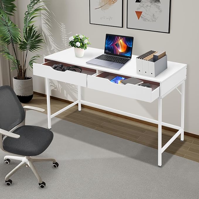 White Small Computer Desk47 Inch Modern Computer Desk with 2 DrawersSimple Home Office Writing Desk for HomeSmall Office Use
