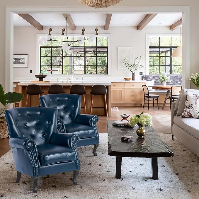 MOJAY PU Leather Accent Chair Mid-Century Modern Armchair Living Room Club Chair with Tufted Button &amp Rivet Trim Upholstered Sofa Chair with Sturdy Wood Legs for Bedroom (Navy)