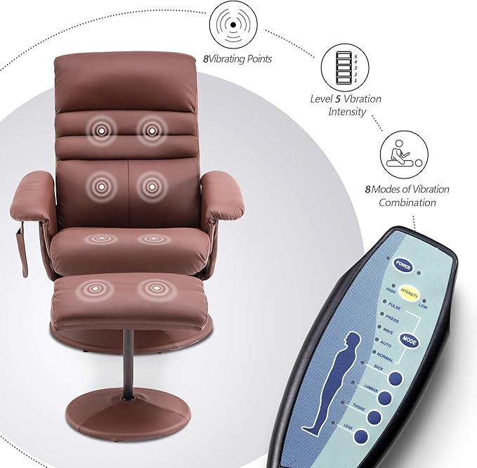 MCombo Recliner Chair with Ottoman Swivel Living Room Chairs Faux Leather Reclining Chair with Massage 7902 (Light Brown)