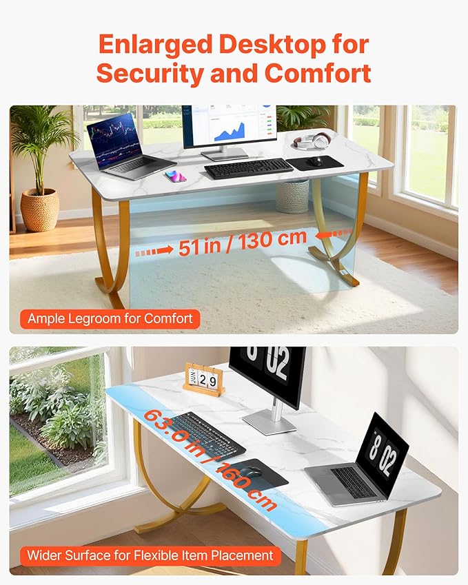 VEVOR Executive Desk 63 W x 31.5 D Large Office Desk Modern Computer Table Conference Meeting Room Table Business Furniture Enlarged Desktop for Home Office White and Gold