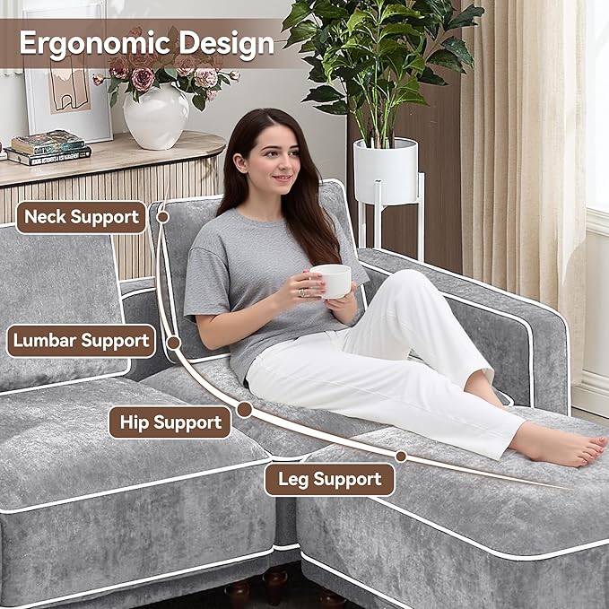 146 Modular Sectioanl Sofa Oversized 4-Seater Cloud Couches for Living Room Comfy Deep Seat Couches with Wooden Leg Armrets Chenille Grey