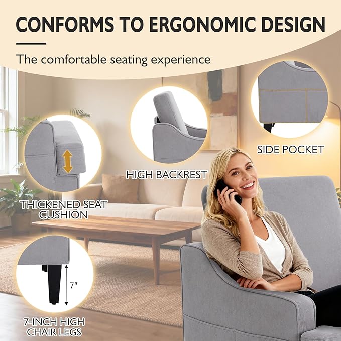 Accent Chair for Living Room Upholstered Living Room Chair with Side Pockets Comfy Accent Chairs for Bedroom Mid Century Modern Armchair for Office Apartment Waiting Room Club (Grey)