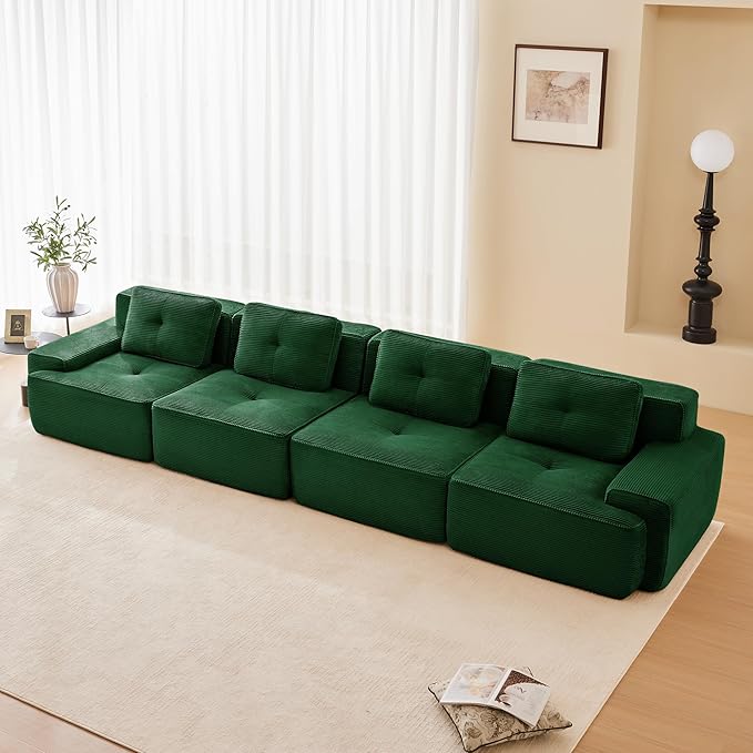 150.4'' Sectional Sofa 32D Foam Corduroy Boneless Couch with Pillow Deep Seat Wide Arm Sectional Couch for Apartment Living Room Bedroom