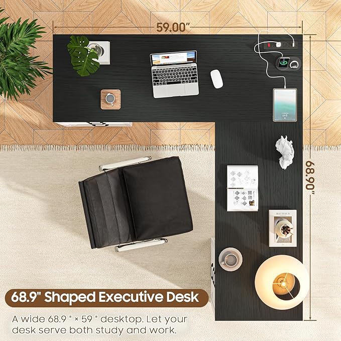 Vabches Wood L Shaped Executive Desk with 6 Drawers Farmhouse Home Office Desk with Power Outlets and Triangle Under-Desk Storage Shelf &amp Drawer File Cabinet Corner Computer Desk Black