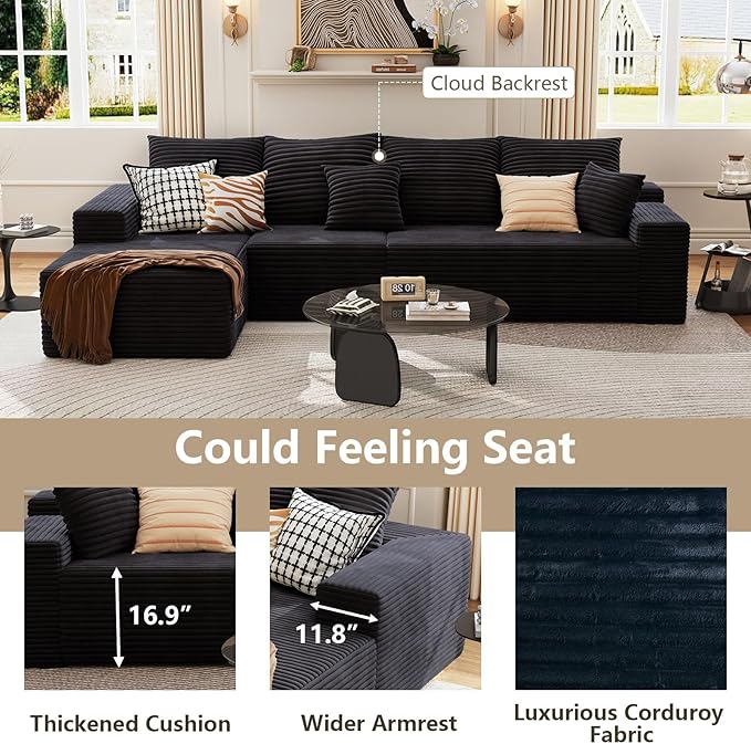 135.4 Cloud Sectional Couch with L-Shape Chaise Modern Modular 4-Seater Sofa with Deep Seat Corduroy Upholstered Couches for Living Room Bedroom No Assembly Required(Black Left Facing)