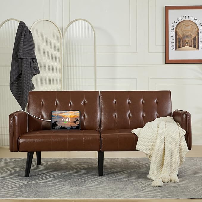TYBOATLE 65“ Convertible Futon Sofa Bed w/ 2 USBTufted Small Adjustable Folding Couch Loveseat Modern Mid Century Faux Leather Sleeper Sofa for Living Room BedroomOffice Brown