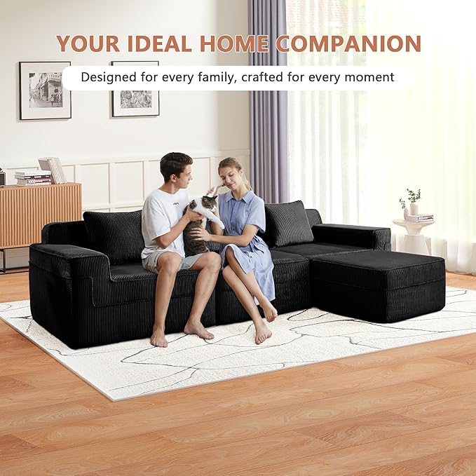 117.3 Compressed Sofa with Deep SeatsL Shaped Boneless Sectional Couch with High Density Memory Foam SofaBlack 3 Seater Sofa for Living Room ApartmentsNo Assembly