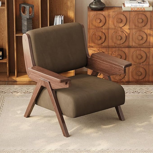 Accent Chair Mid Century Modern Chair Velvet Upholstered Lounge Arm Chair with Solid Wood Cozy Reading Chair for Living Room Bedroom Balcony (Coffee Single Chair)