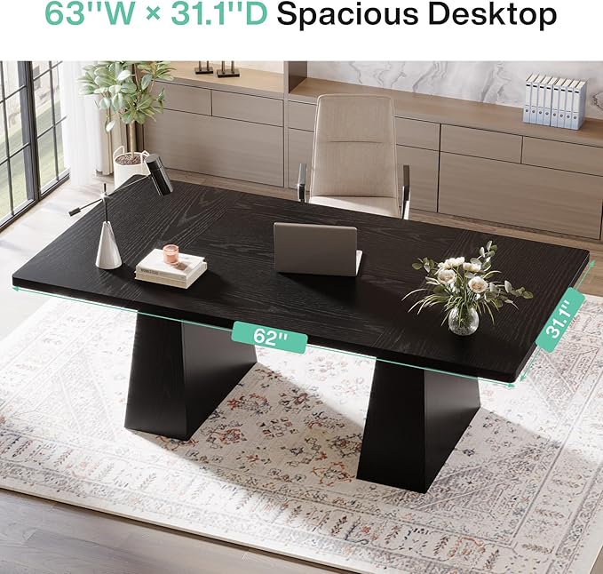 Tribesigns 63-Inch Executive Desk Large Office Computer Desk with Double Pedestal Modern Simple Workstations Writing Table Conference Table Business Furniture for Home Office Black