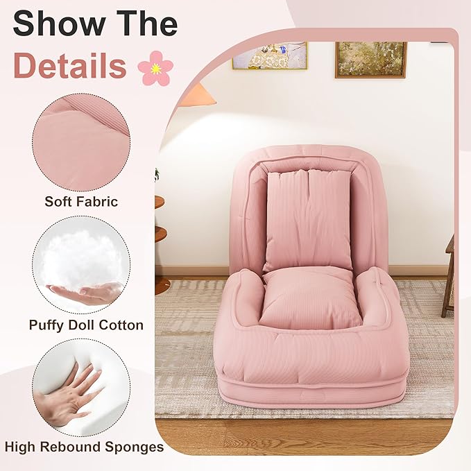 71 Upholstered Human Dog Bed for Adults &amp Pets 5 Adjustable Foldable Lazy Sofa Bed with 2 Soft Pillows for Bedroom Living Room Reading Corner Pink