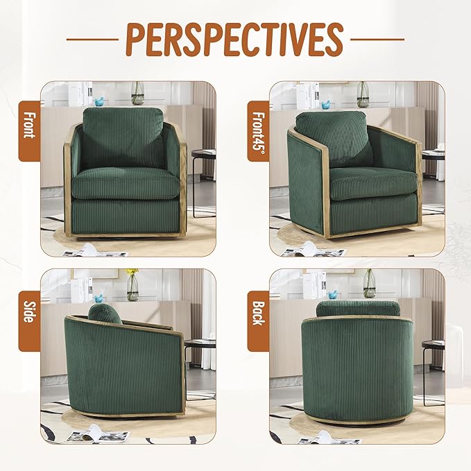 360 Degree Swivel Barrel Club Chair Comfortable Accent Sofa Chair for Living Room Leisure Armchair with Sturdy Hardwood Frame and Metal Base for Nursery Hotel Bedroom Office Lounge (Emerald)