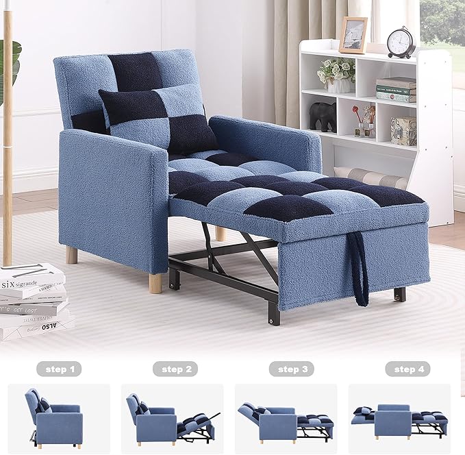 Sleeper Chair Bed Multi-Functional Convertible Chair Sleeper Teddy Fabric Adjustable Pull Out Sofa Bed with Lumbar for StudioDorm Apartment BedroomOfficeLiving Room (Blue)