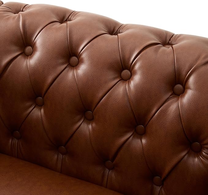Merax Chesterfield Club Chair with Scrolled Arms and Nailhead Trim Mid Century Modern Single Sofa Chair with Solid Wood Legs Faux Leather Rolled Armchair for Living Room