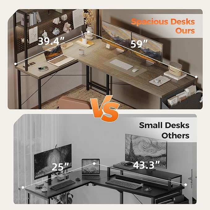 Mericonia 59 inch Large L Shaped Desk with Pegboard Hutch &amp Shelves Corner Gaming Desk with Power Outlet LED Light &amp Storage Bag Reversible Computer Desk for Home Bedroom Office Workspace