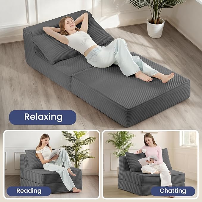 Folding Sofa Bed Convertible Sleeper Chair with PillowCorduroy Comfy Floor Futon for Living Room BedroomModern Accent Reading ChairNo Assembly RequiredGrey