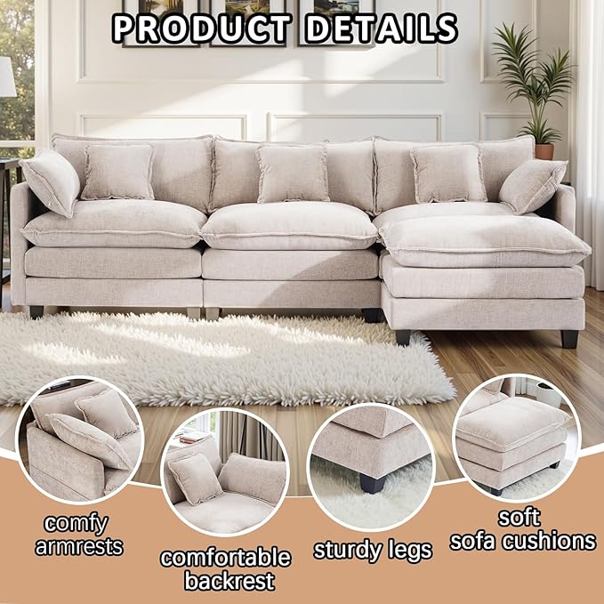 Gexpusm Modular Sectional Sofa108 L Shaped Couches for Living Room3 Seats Sofas with Movable OttomanCloud Sectional Couch with Deep SeatOversized Sleeper Sofa Boneless for Bedroom (Khaki)
