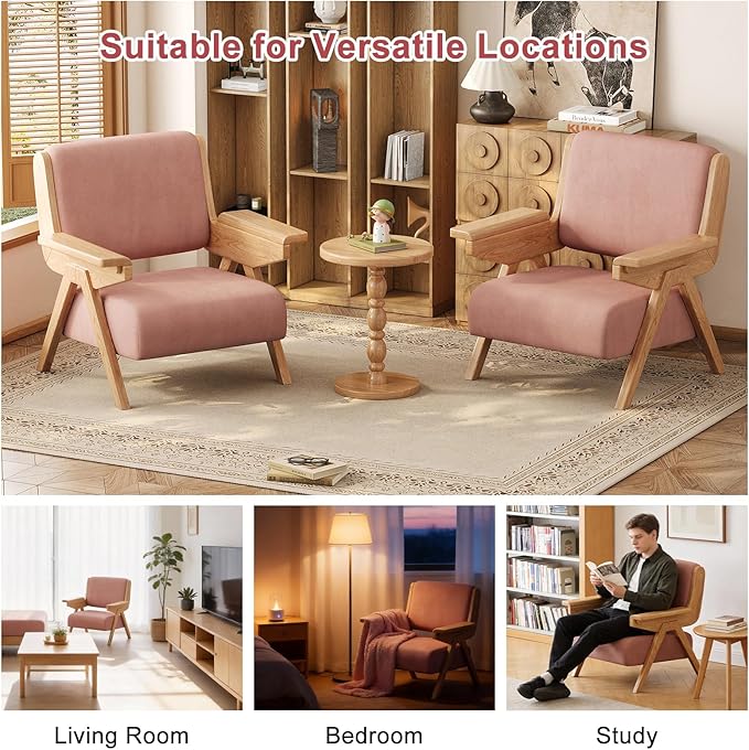 Accent Chair Mid Century Modern Chair Velvet Upholstered Lounge Arm Chair with Solid Wood Cozy Seating for Living Room Bedroom Balcony (Pink Single Chair)