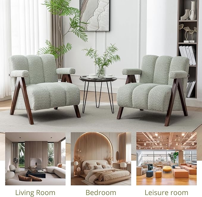Mid Century Modern Accent Chair with Solid Wood Frame Boucle Upholstered Living Room Chairs with Thick Cushion Comfy Tufted Arm Chair for Bedroom Sage