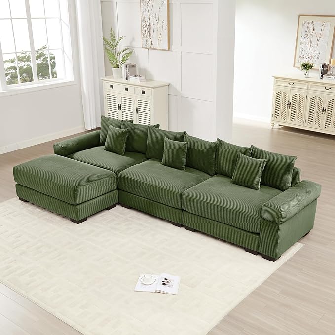 130.4 Oversized Modular Sectional Sofa Corduroy Large Sectional Couches for Living Room 3 Seater Couches with 1 Movable Ottoman Modern Deep Seat Sofa Set L Shaped Green