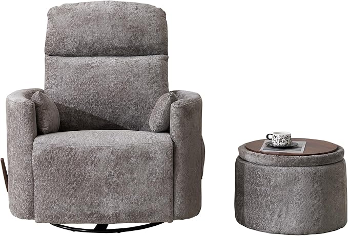 Oversized Swivel Rocker Recliner Chair with Massage and Heat Manual Swivel Glider Rocker Recliner with 2 Bolster Pillows Rocking Nursery Chair with Storage Ottoman  Adjustable Headrest Dark Grey