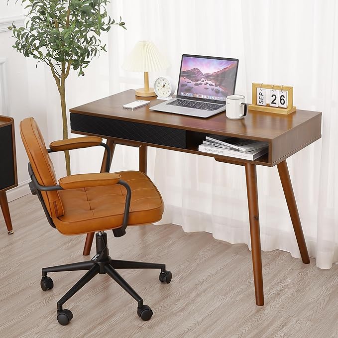 GAOMON Modern Simple Home Office Desk Mid Century Modern Computer Writing Desk with Drawer Solid Wood Legs and Open Storage Cubby Small Vanity Table Desk for Bedroom (Walnut)