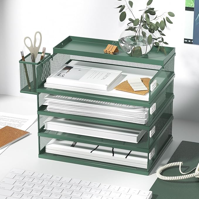 Metal Stackable Letter Trays 4-Tier Desk Organizer &amp Paper Trays for Office Stackable File &amp Document Tray with Magnetic LabelsGreen