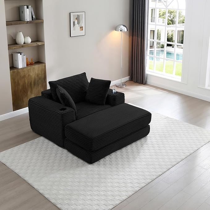 KEIKI 52.4 Oversized Boneless Chaise Lounge Chair with Ottoman Modular 3-in-1 Sofa Bed for Reading Sleeper Couch Chairs for Living Room Black