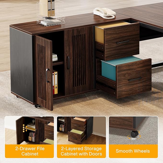 Tribesigns 63-Inch L-Shaped Executive Desk with Mobile File Cabinet Large Office Computer Desk Business Furniture Table with Drawers and Storage Shelves for Home Office Dark Walnut &amp Black