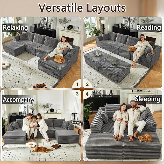 U Shaped Modular Sectional Couches for Living Room 130 Cloud Modular Sectional Sofa Chaise Fluffy Corduroy Couch with Deep Seat for Bedroom No Assembly RequiredBlack